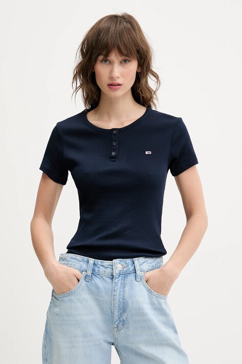 Tommy Jeans tricou din bumbac femei, culoarea albastru marin, DW0DW19502