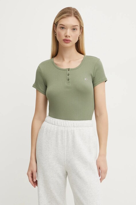Bavlnené tričko Tommy Jeans dámske, zelená farba, DW0DW19502