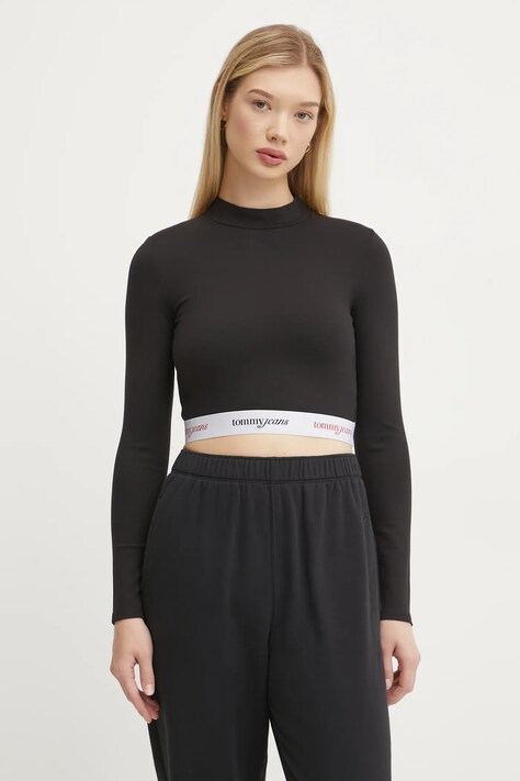 Tričko s dlhým rukávom Tommy Jeans dámske, čierna farba, s polorolákom, DW0DW19510