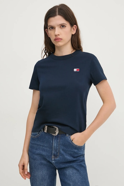 Tommy Jeans tricou din bumbac femei, culoarea albastru marin, DW0DW20153