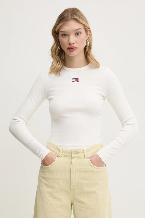 Tommy Jeans longsleeve femei, culoarea bej, DW0DW20178