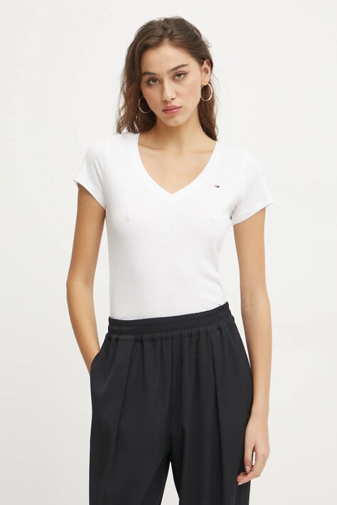 Tommy Jeans tricou din bumbac femei, culoarea alb, DW0DW20458