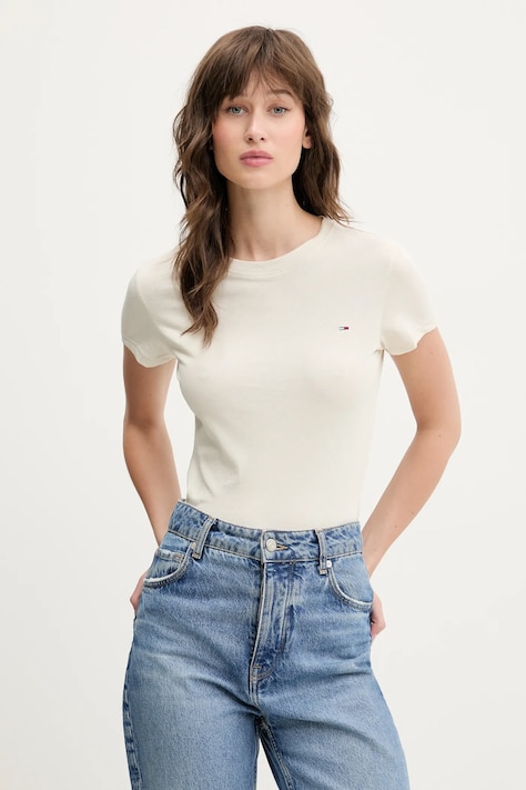 Tommy Jeans tricou din bumbac femei, culoarea bej, DW0DW20459