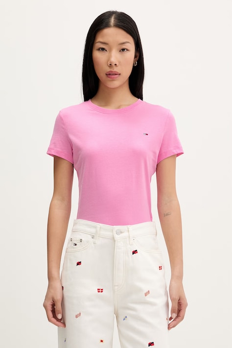 Tommy Jeans tricou basic damesc din bumbac roz DW0DW20459
