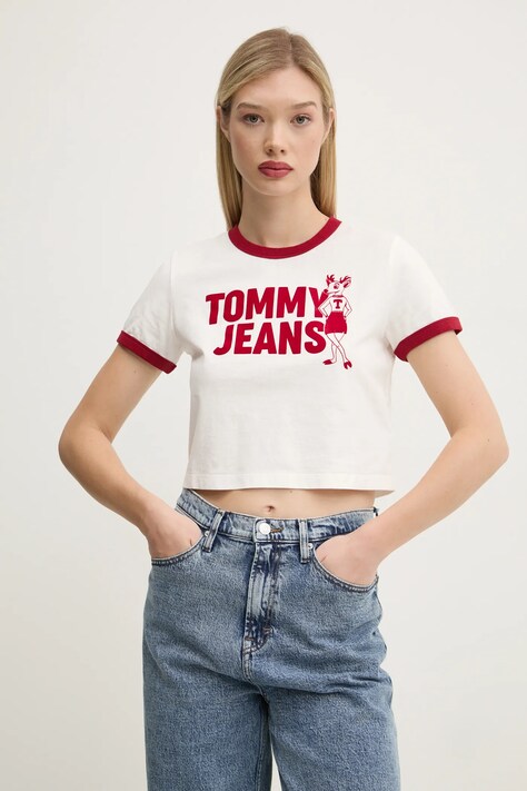 Bavlnené tričko Tommy Jeans dámske, biela farba, DW0DW20561