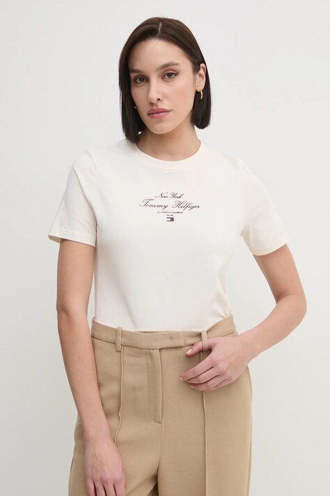 Βαμβακερό μπλουζάκι Tommy Hilfiger γυναικείο, χρώμα: μπεζ, WW0WW43895