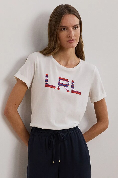 Lauren Ralph Lauren tricou din bumbac femei, culoarea alb, 200957668