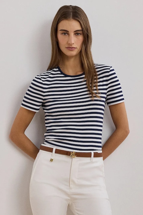 Bavlnené tričko Lauren Ralph Lauren dámske, tmavomodrá farba, 200957662