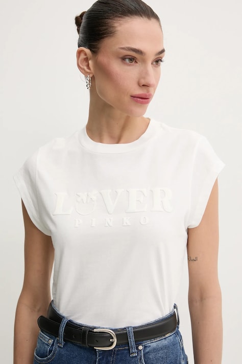 Pamučna majica Pinko za žene, boja: bijela, 104603 A2D1