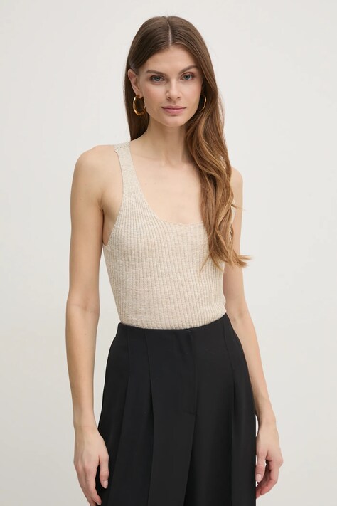 Top s příměsí lnu Twinset béžová barva, 251TP3370