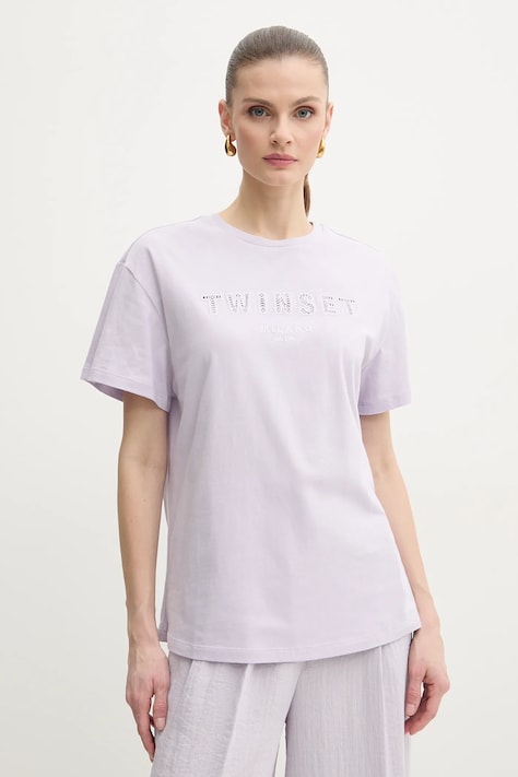 Βαμβακερό μπλουζάκι Twinset γυναικείο, χρώμα: μοβ, 251TT2041