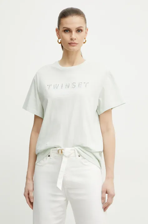 Twinset tricou din bumbac femei, culoarea verde, 251TT2041