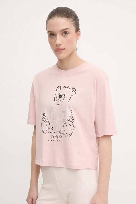 Guess tricou din bumbac RHINESTONE femei, culoarea roz, V5RI09 I3Z14
