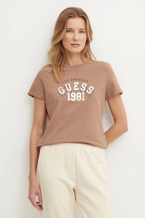 Guess tricou din bumbac MARTINA femei, culoarea maro, V5RI06 I3Z14
