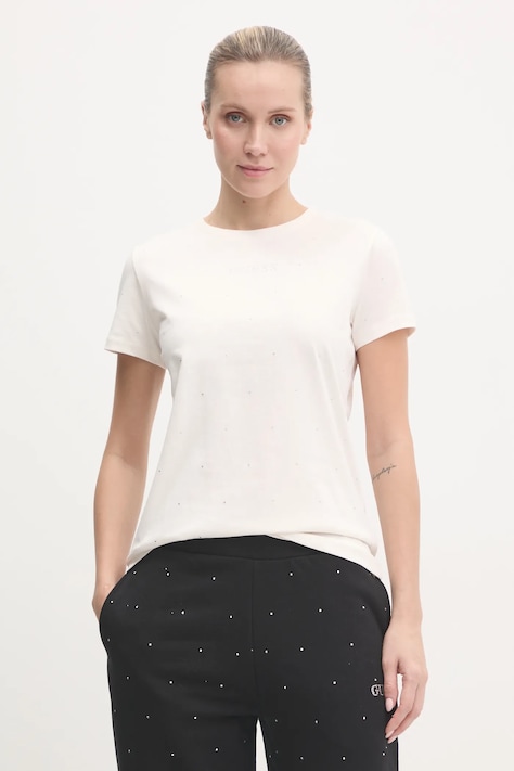 Guess t-shirt RHINESTONES damski kolor beżowy V5RI18 I3Z14