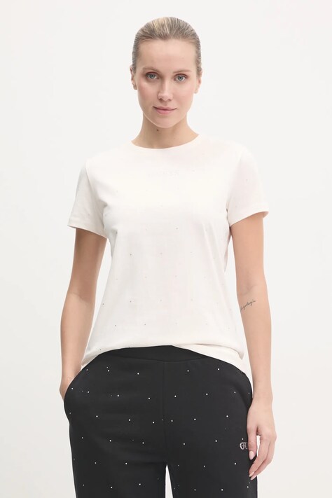 Tričko Guess RHINESTONES dámske, béžová farba, V5RI18 I3Z14