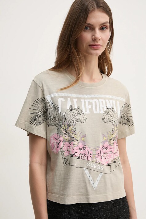 Guess tricou din bumbac femei, culoarea bej, W5RI13 K6XN4