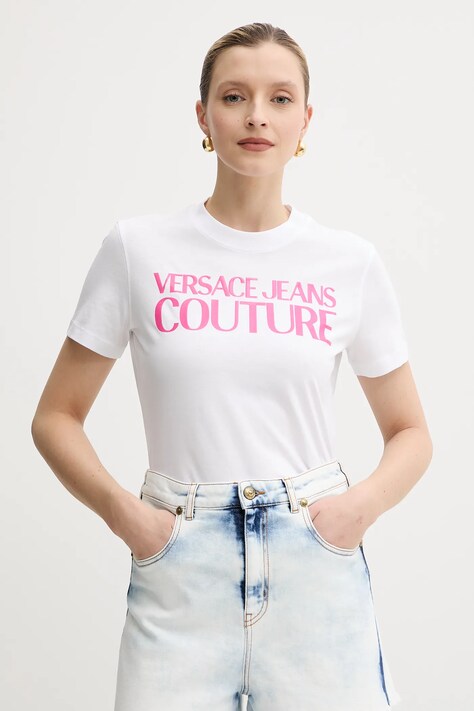 Versace Jeans Couture tricou din bumbac femei, culoarea alb, 78HAHE05 CJ00E
