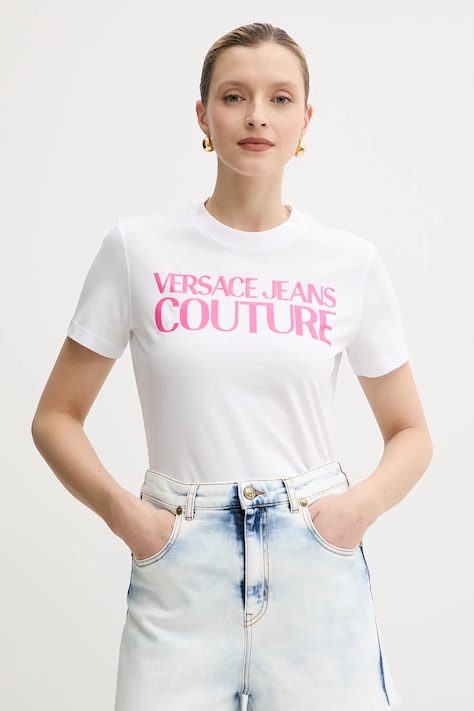 Versace Jeans Couture tricou din bumbac femei, culoarea alb, 78HAHE05 CJ00E
