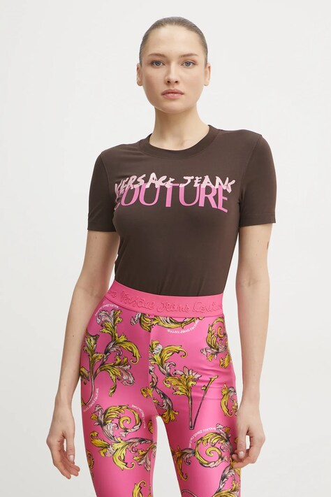 Tričko Versace Jeans Couture hnědá barva, 78HAHE06 CJ02E