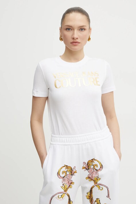 Versace Jeans Couture tricou din bumbac femei, culoarea alb, 78HAHT01 CJ00T