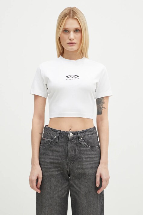 VETEMENTS tricou Oval Logo Cropped Fitted femei, culoarea alb, WA66TR700W