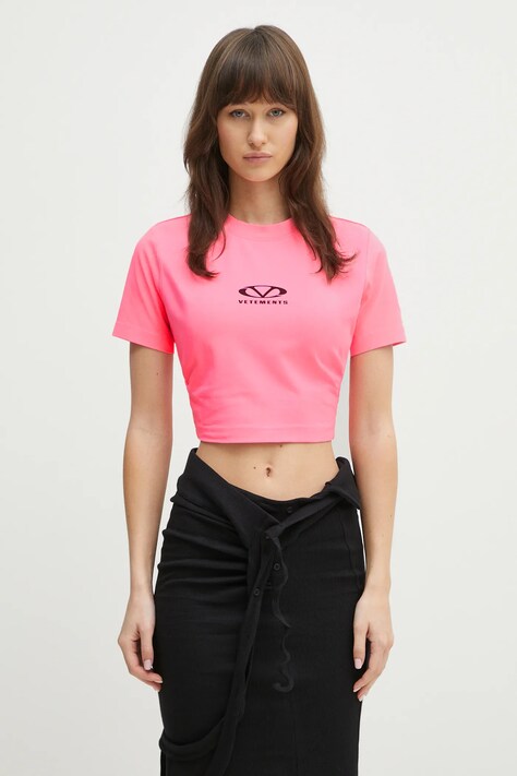 Tričko VETEMENTS Oval Logo Cropped Fitted růžová barva, WA66TR700H