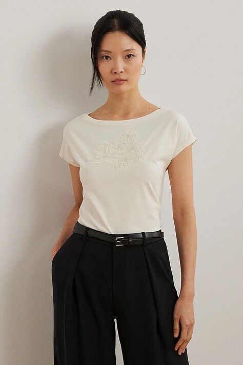 Lauren Ralph Lauren tricou din bumbac femei, culoarea bej, 200963933