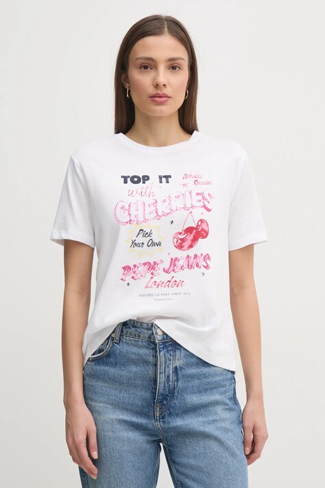 Pepe Jeans tricou din bumbac ROXANE femei, culoarea alb, PL506045