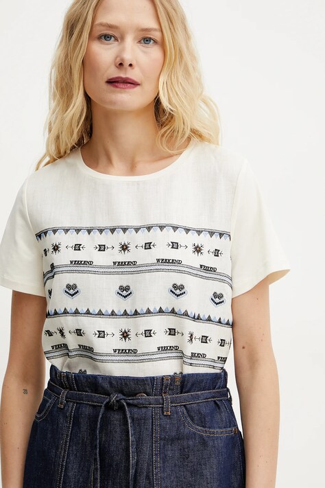 Weekend Max Mara t-shirt z domieszką lnu damski kolor beżowy 2515941112600