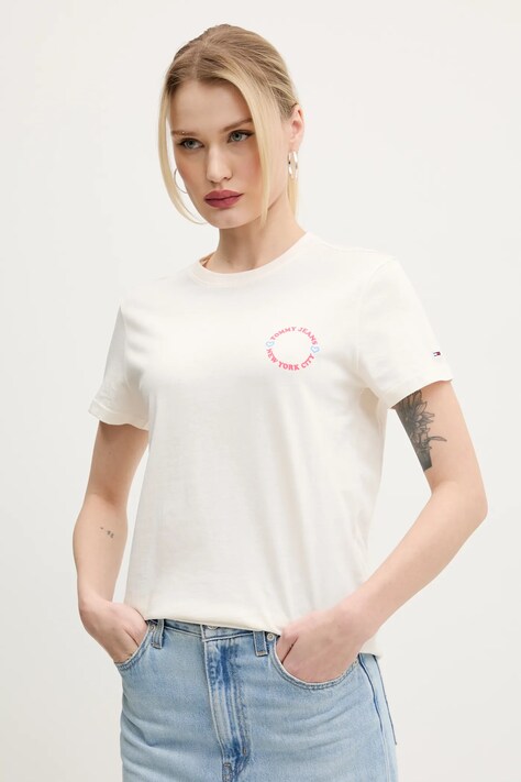 Хлопковая футболка Tommy Jeans женская цвет бежевый DW0DW21768