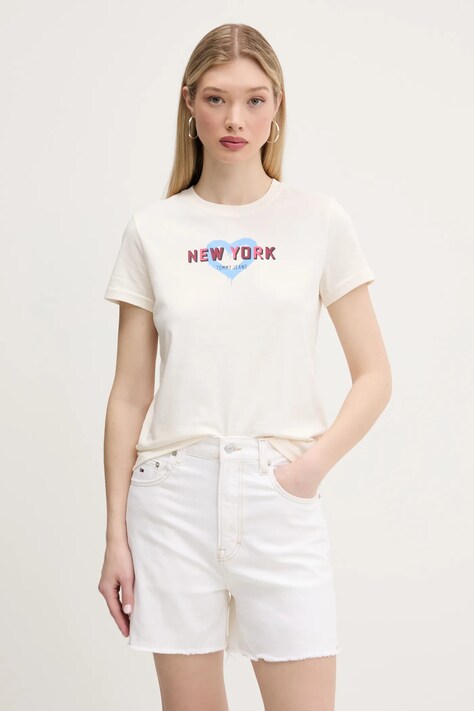 Bombažna kratka majica Tommy Jeans ženska, bež barva, DW0DW21769