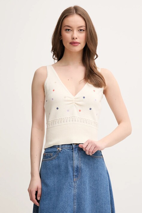 United Colors of Benetton top din bumbac culoarea bej, 10C1EH01A