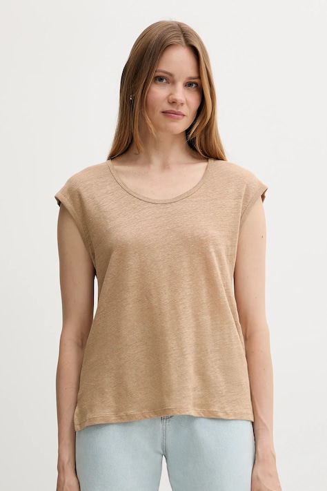 Lanena kratka majica United Colors of Benetton ženska, bež barva, 37UJE16B1