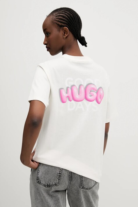 Hugo Blue tricou din bumbac femei, culoarea bej, 50537239