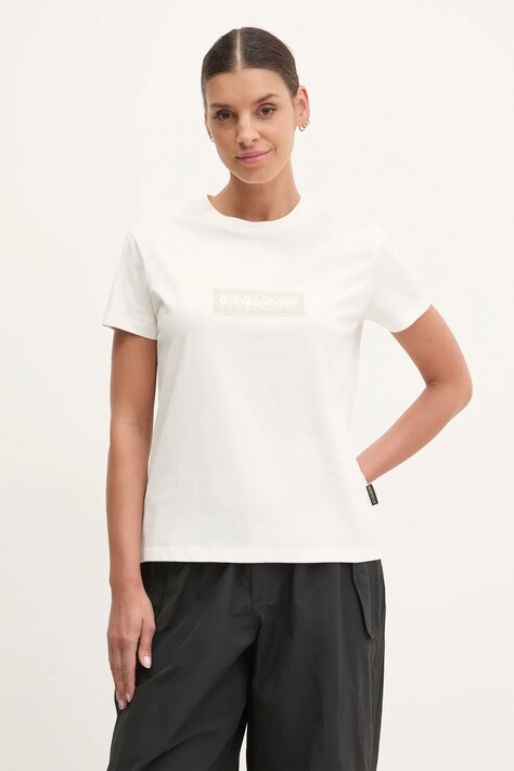 Napapijri tricou din bumbac S-Box femei, culoarea bej, NP0A4IP12061