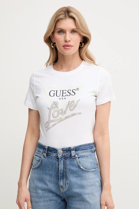 Guess tricou din bumbac femei, culoarea alb, W5GI05 I3Z14