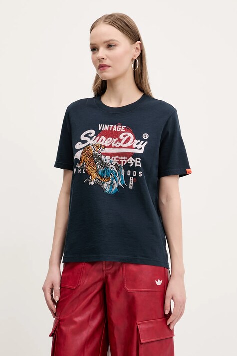 Superdry tricou din bumbac femei, culoarea albastru marin, W1011627A-JWV