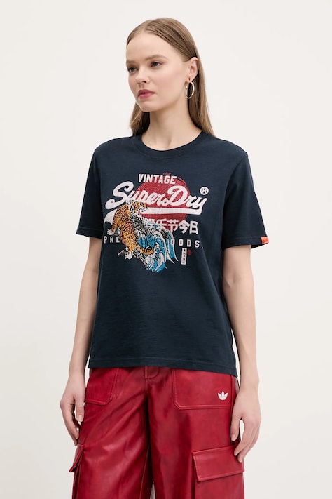 Bavlnené tričko Superdry dámske, tmavomodrá farba, W1011627A-JWV