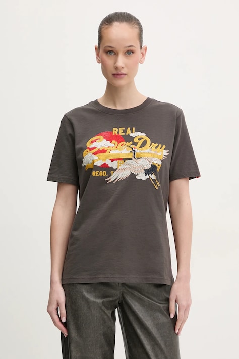 Βαμβακερό μπλουζάκι Superdry γυναικείο, χρώμα: γκρι, W1011627A-PKT