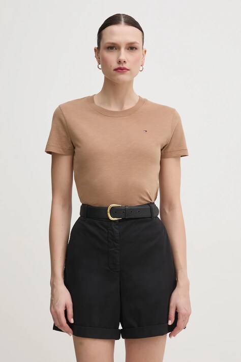 Tommy Hilfiger tricou din bumbac femei, culoarea maro, WW0WW44433