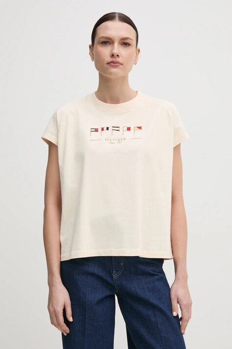 Хлопковая футболка Tommy Hilfiger женская цвет бежевый WW0WW44574