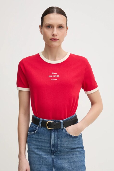 Tommy Hilfiger tricou din bumbac femei, culoarea rosu, WW0WW44586