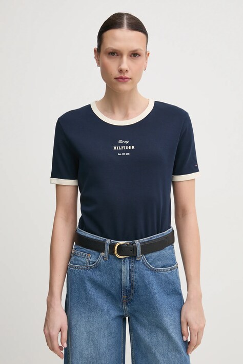Tommy Hilfiger tricou din bumbac femei, culoarea albastru marin, WW0WW44586