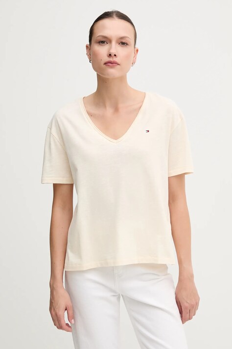 Tommy Hilfiger tricou din bumbac culoarea bej, WW0WW43901