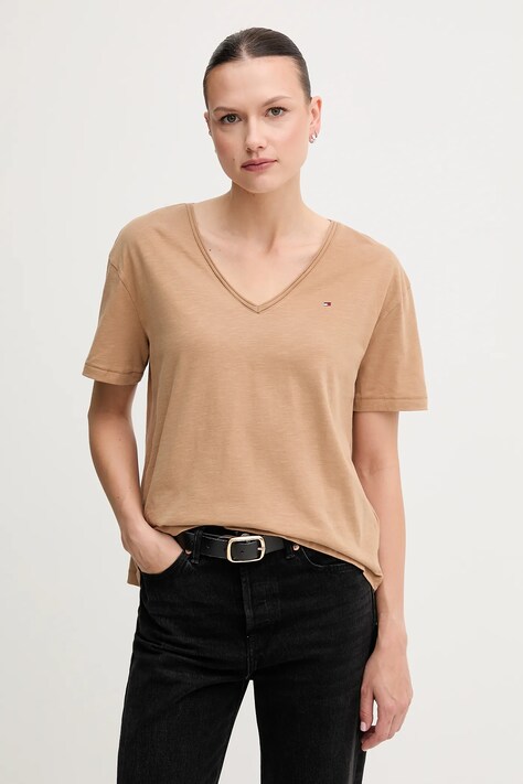 Tommy Hilfiger tricou din bumbac culoarea maro, WW0WW43901