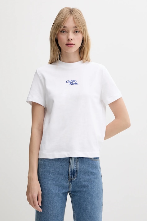 Памучна тениска Calvin Klein Jeans дамска в бяло LV047B851G