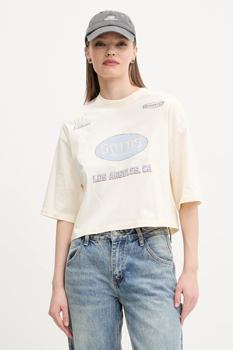 Хлопковая футболка Guess Originals женская цвет бежевый W5GI34 K8HM0