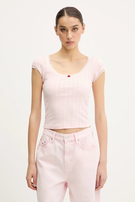 Хлопковая футболка Tommy Jeans женская цвет розовый DW0DW20621