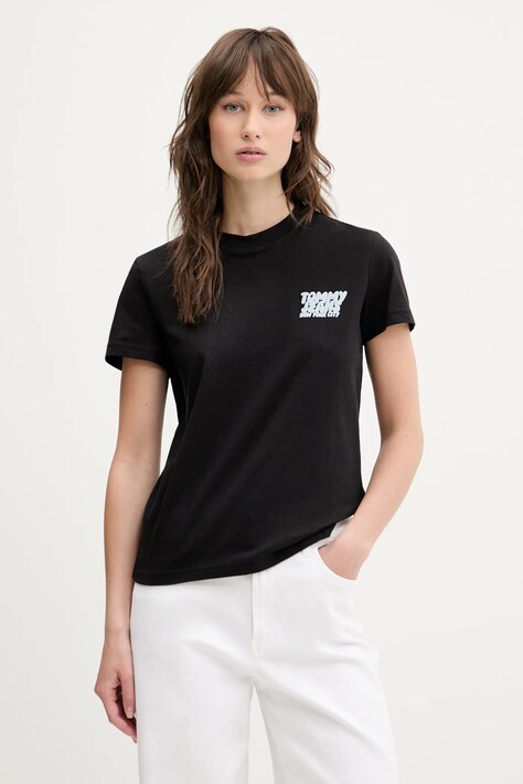 Tommy Jeans tricou din bumbac femei, culoarea negru, DW0DW21338